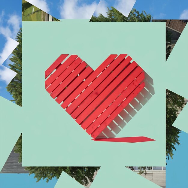 Photo minimal layout red heart made of wooden slats on a sunny day