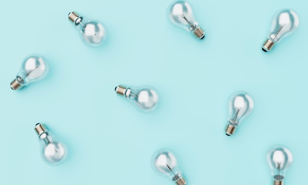 Minimal LIghtbulbs on blue pastel background Abstract pattern wallpaper and Technology concept 3D illustration rendering