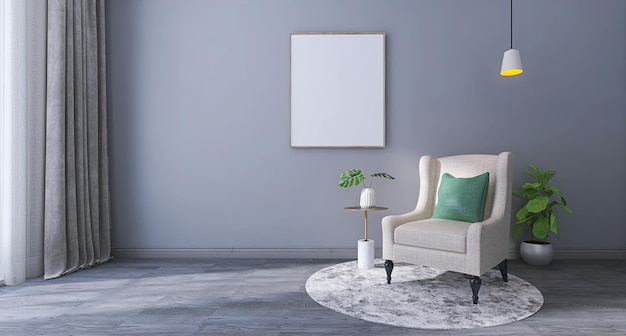 Minimal Living Room Interior Design Scene with Blank Poster Frame Mockup