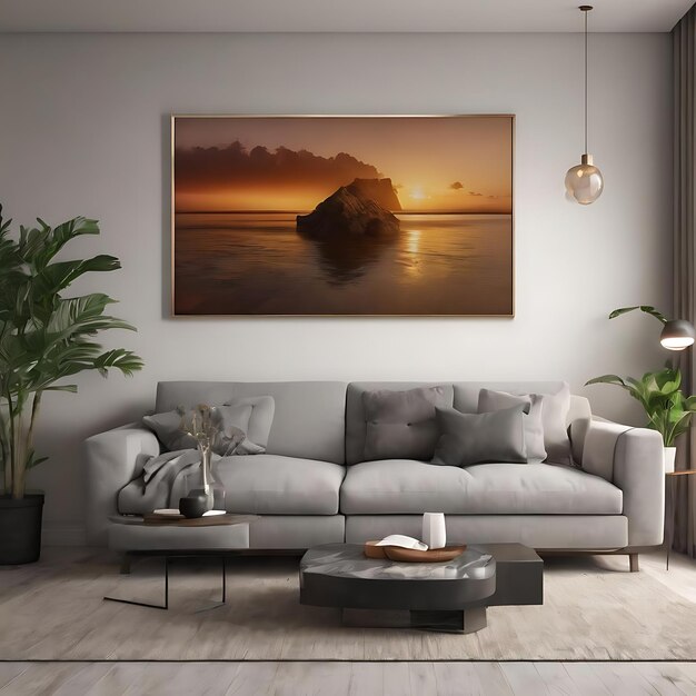 Minimal living room interior design with empty frame