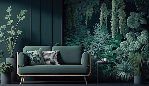 Minimal living room with interior sofa and green nature tropical plant decoration Generative AI