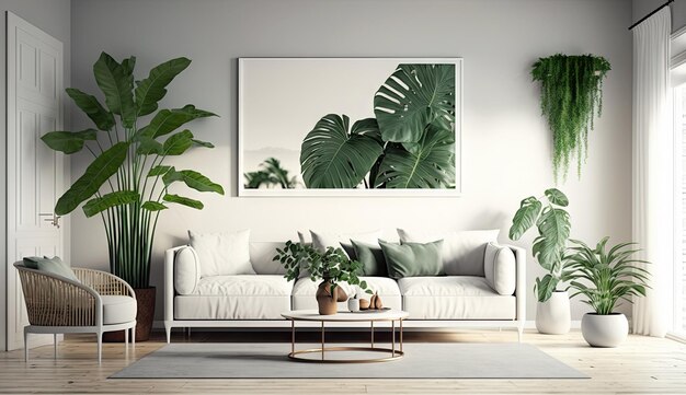 Minimal living room with interior sofa and green nature tropical plant decoration Generative AI