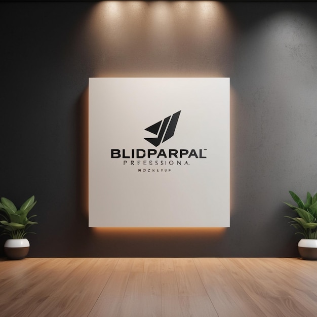 Minimal logo mockup on copy space panel wall brand official background