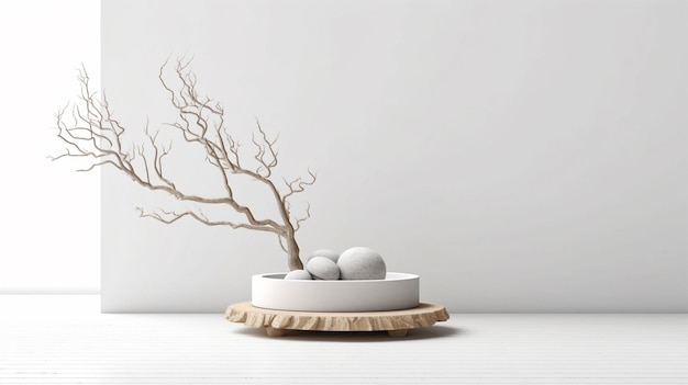 Minimal mockup background for product presentation Podium and dry tree twigs branch with white sand beach on white background 3d rendering illustration