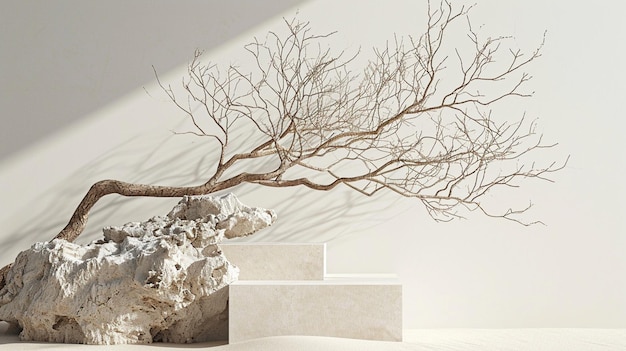 Minimal mockup background for product presentation Podium and dry tree twigs branch with white sand