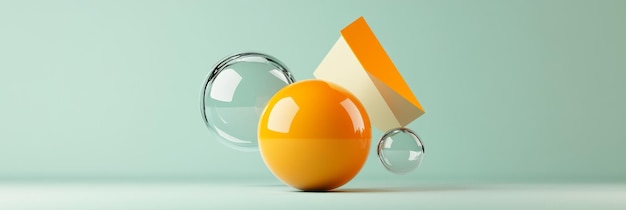 A minimal and modern 3D composition featuring a vibrant yellow sphere two translucent glass or