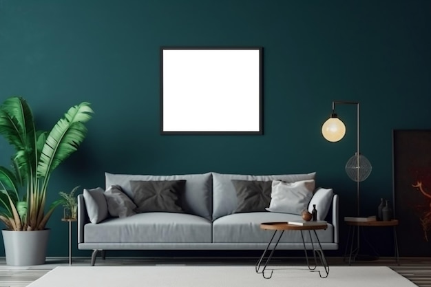 Minimal modern home living room design with blank picture frame wall mockup