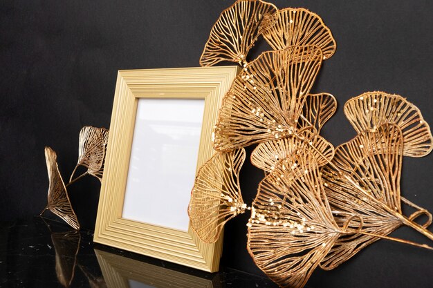 Minimal modern product display on black and golden palm leaves on background with podium, luxury 20s art deco style