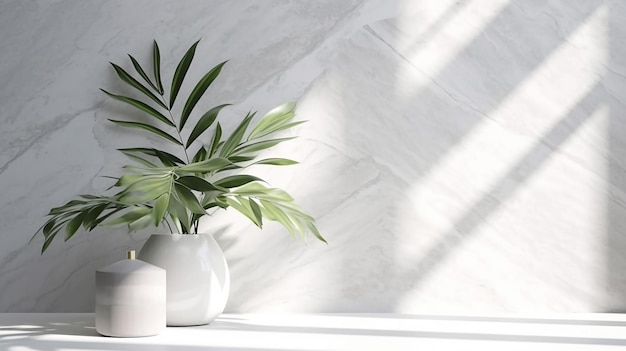 Minimal modern white marble stone counter table tropical monstera plant tree Generative AI