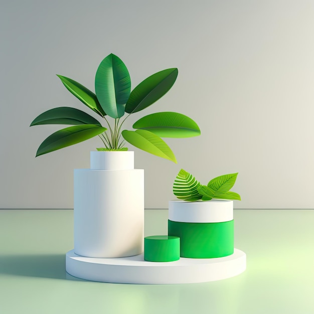 Minimal modern white round stone podium green fern in geometric design vase in sunlight on concret