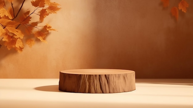 Minimal natural log wood podium table tropical tree Generative AI