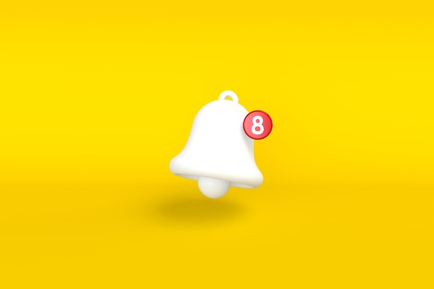 Minimal notification bell with new notification on yellow background 3D rendering