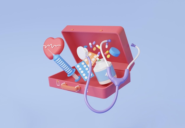 Photo minimal open emergency box dispense medicine healthcare health stethoscope checkup heartbeat medical doctor concept diagnosis protection report information drug bottle service 3d render illustration