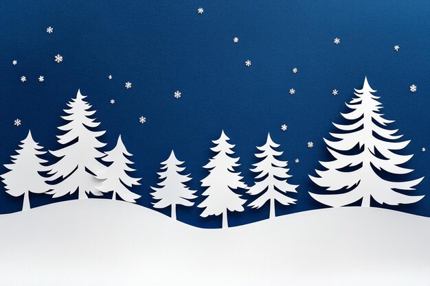 Photo a minimal paper cutout image of a winter forest with tall pine trees and snowcovered branches