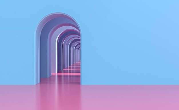 Minimal pastel abstract background and mock up for the presentation and exhibitions of products. Antique arches in the walls in perspective. 3d illustratio.