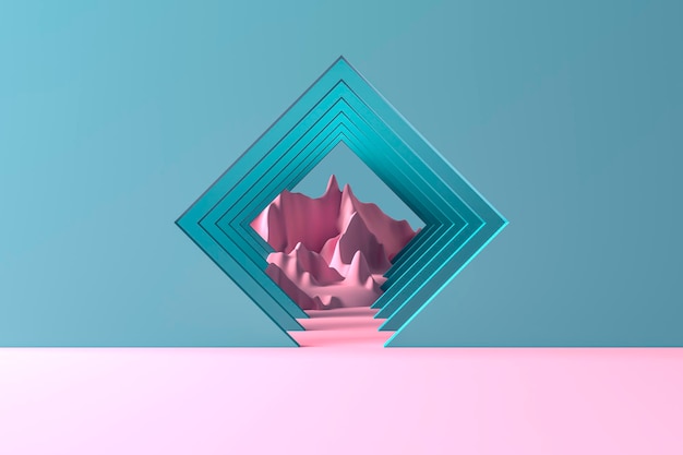 Minimal pastel abstract background and mock up for the presentation and exhibitions of products Square arches in the walls in perspective and a lighted mountain in the center 3d illustration