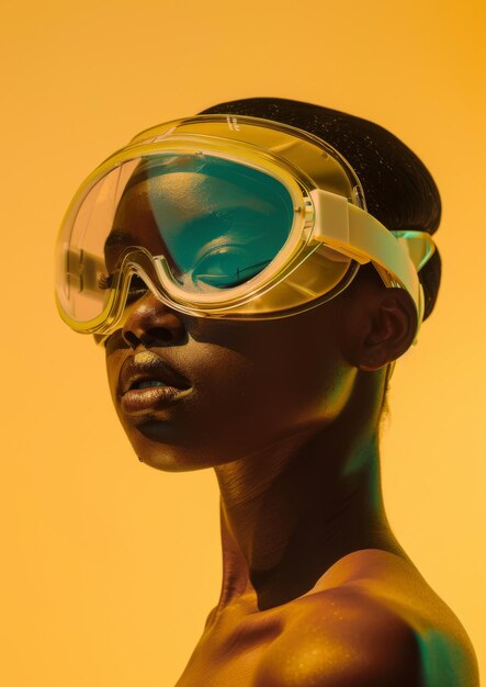 A minimal photo of a black woman wearing a futuristic mask