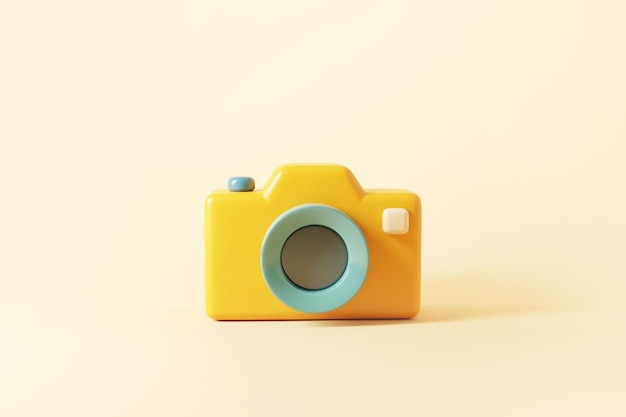 Minimal photo camera with lens and button on pastel background.