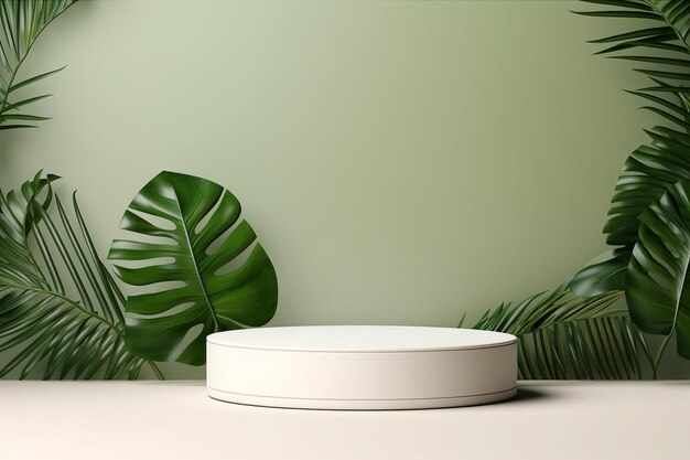 Minimal podium for product presentation with tropical leaves Generative AI