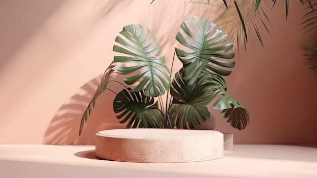 Minimal product display podium with monstera leaf background