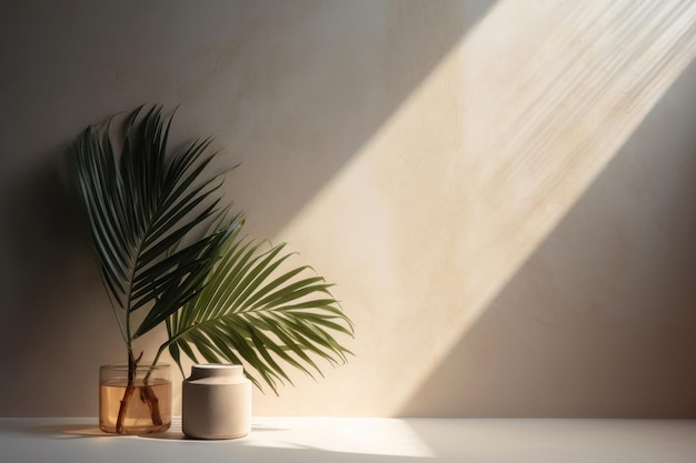 Minimal product placement background with palm shadow on plaster wall AI generated