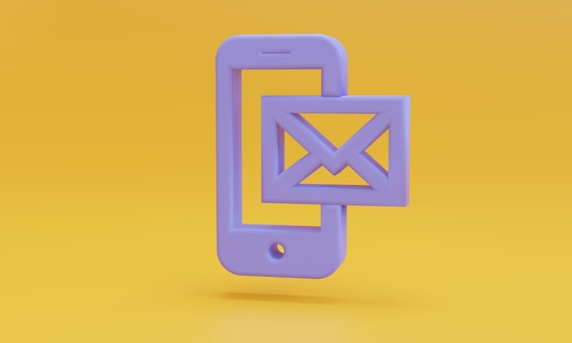 Minimal purple mobile phone with mail symbol on orange background 3D illustration