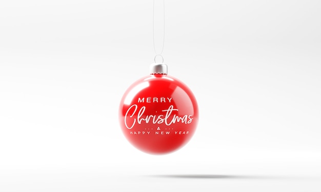 Minimal red Christmas ball with merry Christmas and happy new year on white background