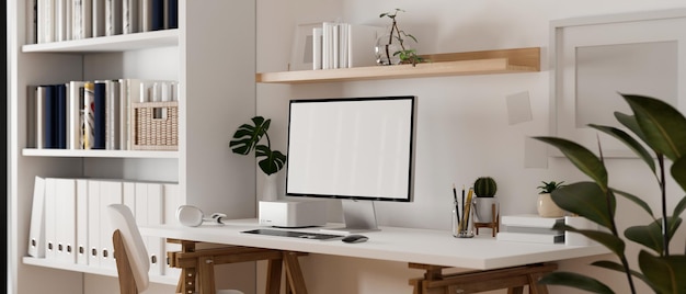 Minimal Scandinavian white home office workspace with computer mockup on table