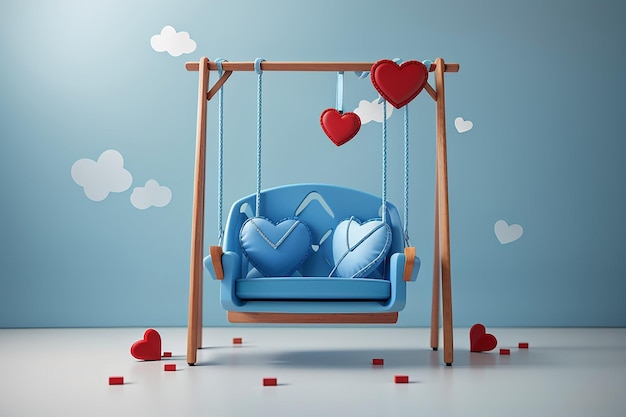 Minimal scene of blue swing chair with two hearts