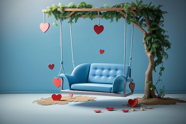 Minimal scene of blue swing chair with two hearts