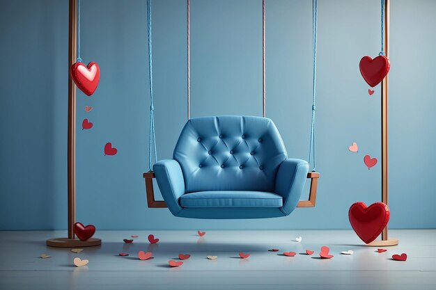 Minimal scene of blue swing chair with two hearts