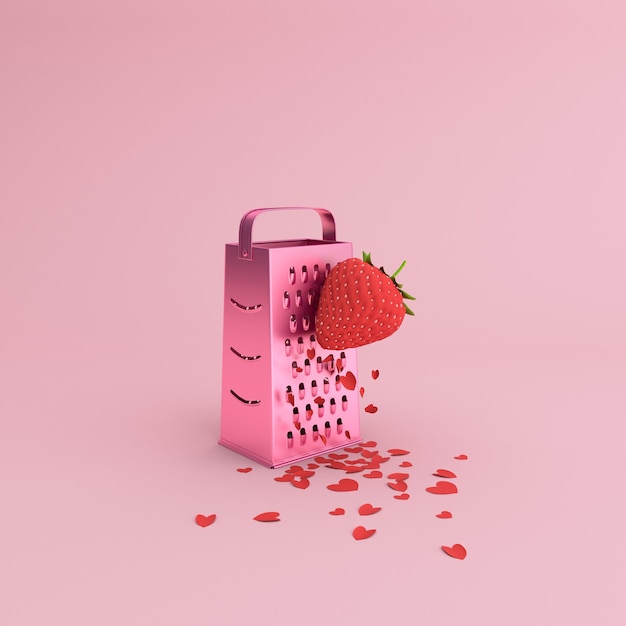 Minimal scene of paper heart scattered by strawberry manual grater, Valentine concept.