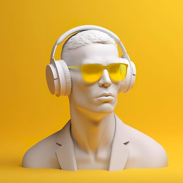 Minimal scene of sunglasses and headphones on human head sculpture Music concept 3d rendering AI Generative