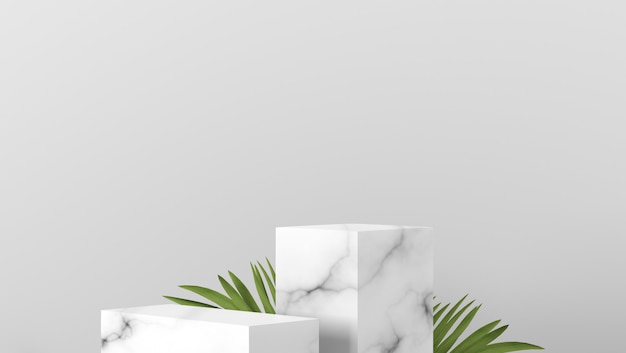 Minimal scene two luxury white Marble box showcase podium and palm leaves in white background