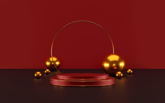 Minimal scene with geometric forms. cylinder red podium display and gold ball