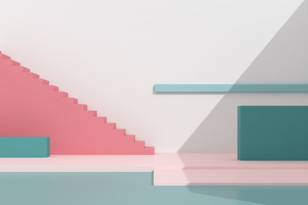 Minimal style of architectural building with staircase and blocks on pastel color background