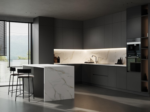 Minimal style black kitchen 3d rendering