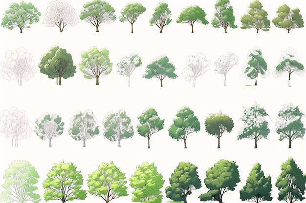 Minimal style cad tree line drawing Side view set of graphics trees elements spring