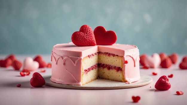 Minimal style composition made of heart shape cake on pastel backgound Valentines Day or holiday dessert concept Copy space