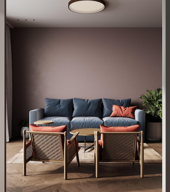 Minimal style contemporary lounge with empty brown paint wall red chair and blue wall 3d render