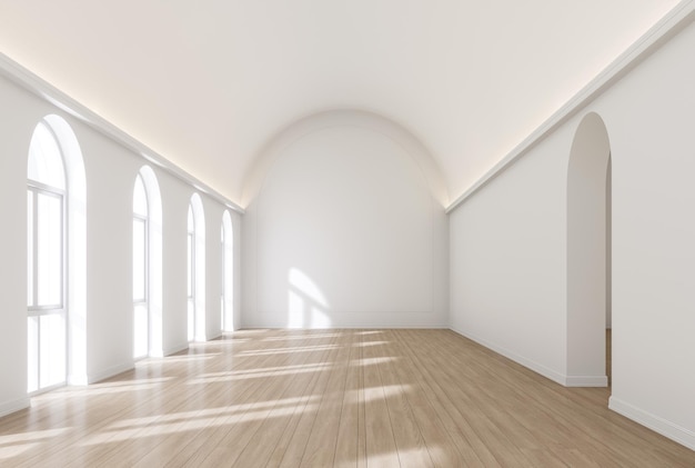 Minimal style empty white arch room interior 3d render There are wooden floor arch shape window sunlight shine into the room decorated with hidden light on the wall