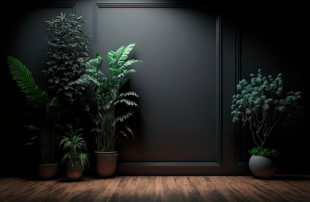 Minimal style interior with big dark Dark wall empty room with plants on a floor