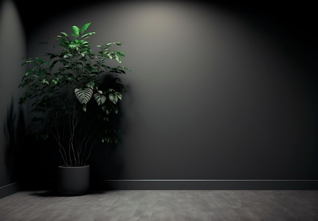 Minimal style interior with big dark Dark wall empty room with plants on a floor