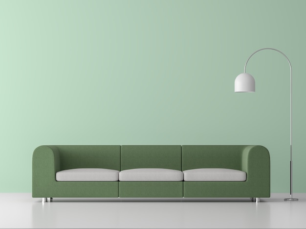 minimal style living room 3d renderlight green empty wallfurnished with green fabric sofa