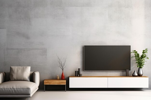 The minimal style living room with a television on a grey laminate wall serves as a mockup idea