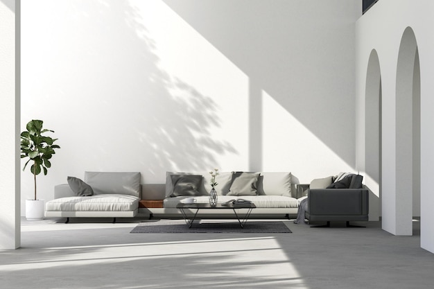 Photo minimal style loft style living room with white empty wall for copy space 3d render there are whte paint wall and concrete floor decorate with gray fabric sofa sunlight shining into the room