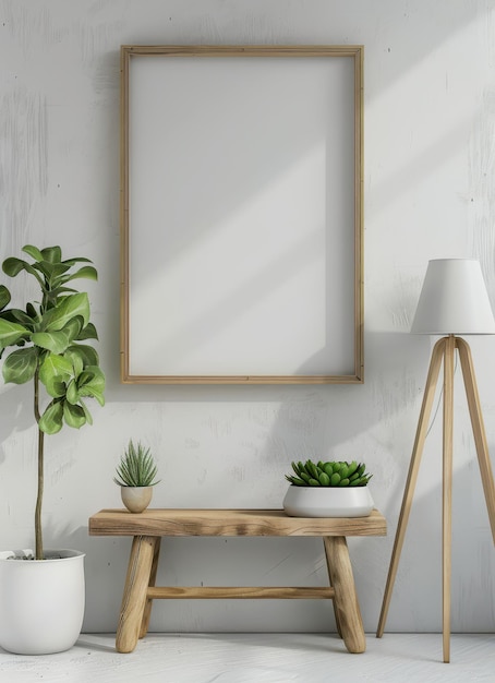 Photo minimal style wooden picture frame on white wall