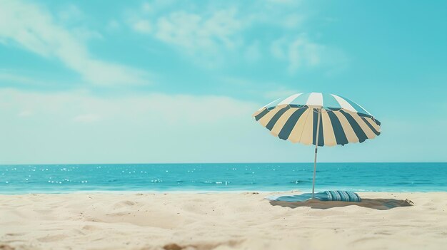 Minimal summer holidays vacation concept Beach umbrella beach towel on sand in front Generative AI