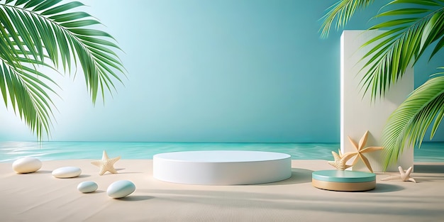 Minimal summer scene with white podium and palm leaves on sand AI generated