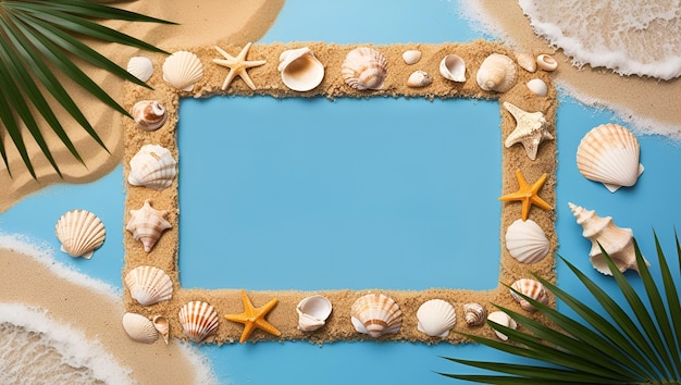 Minimal Summer Vacation Concept Sandy Beaches Waves Seashells and Palm Trees Frame Border